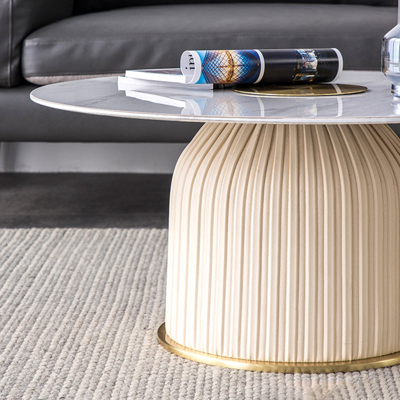 Glam Stone Top Coffee Table Pedestal Round Cocktail Table in White
