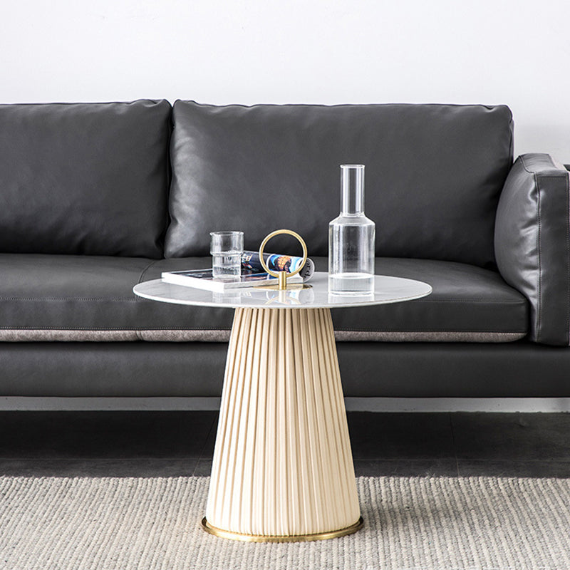 Glam Stone Top Coffee Table Pedestal Round Cocktail Table in White