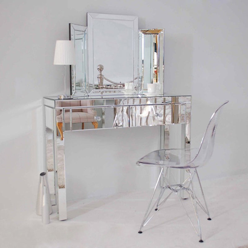 Glass Vanity Set with Tri-Fold 13.77" Wide Make-up Vanity with 2 Storage Drawers