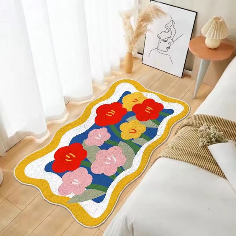 Cartoon Flowers Rug Ellipse Shape Stain Resistant Rug for Home Decor