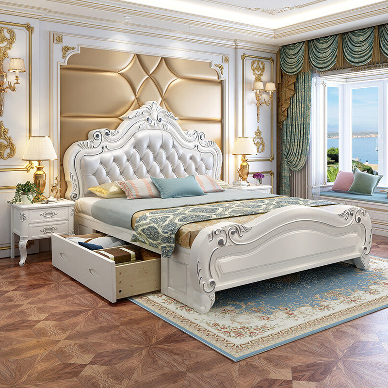 84.65 inch Wide Victorian Bed Frame Pine Wood Bed with Upholstered Headboard