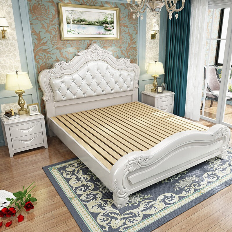 84.65 inch Wide Victorian Bed Frame Pine Wood Bed with Upholstered Headboard