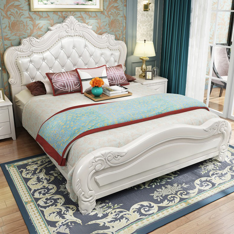 84.65 inch Wide Victorian Bed Frame Pine Wood Bed with Upholstered Headboard