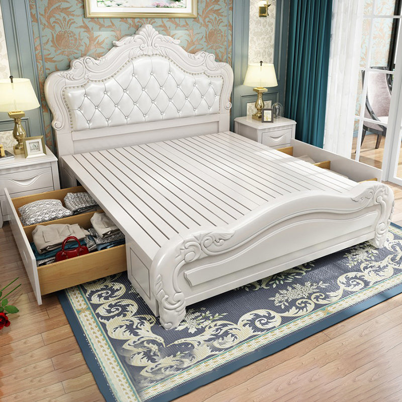 84.65 inch Wide Victorian Bed Frame Pine Wood Bed with Upholstered Headboard