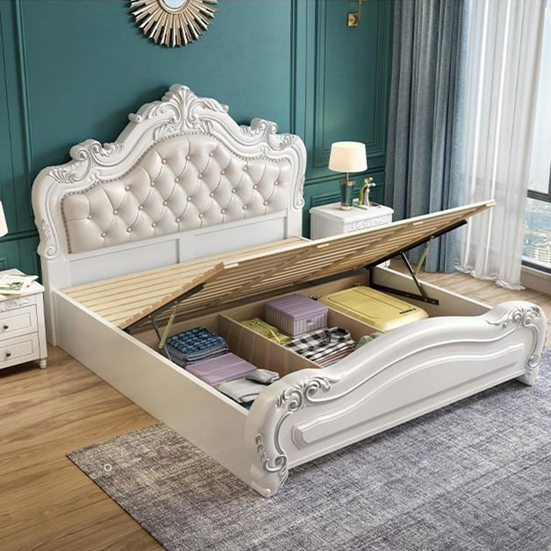 84.65 inch Wide Victorian Bed Frame Pine Wood Standard Bed with Upholstered Headboard