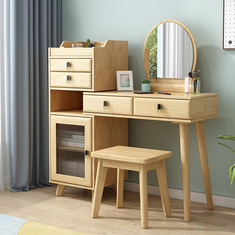 Wood Vanity Set with Stool and Mirror Scandinavian 4 Drawers Dresser