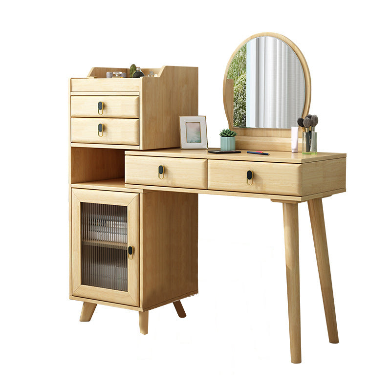 Wood Vanity Set with Stool and Mirror Scandinavian 4 Drawers Dresser