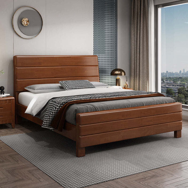 39.37" High Brown Panel Bed with Storage Rubberwood Bed with Headboard