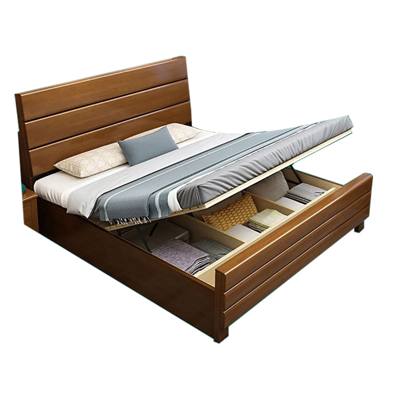 39.37" High Brown Panel Bed with Storage Rubberwood Bed with Headboard