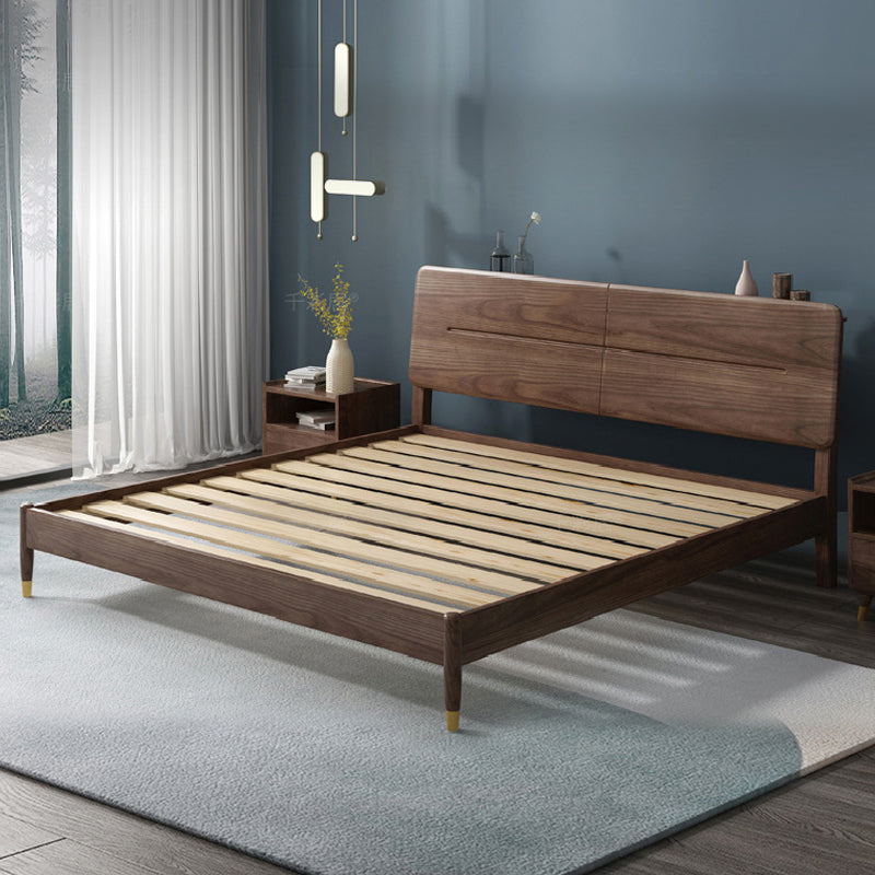 Mid-Century Modern Solid Wood Bed with Rectangular Headboard Bed Frame