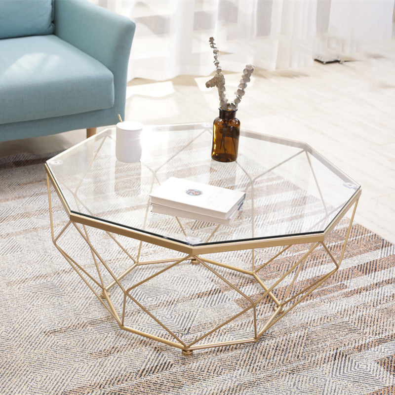 Modern Coffee Table with Glass Top and Iron Frame Base Cocktail Table