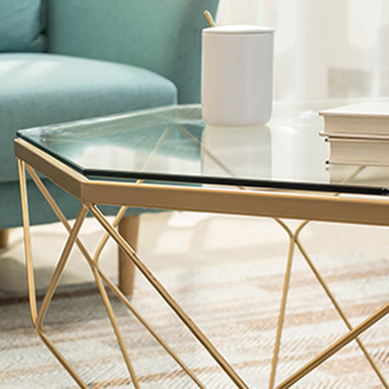 Modern Coffee Table with Glass Top and Iron Frame Base Cocktail Table