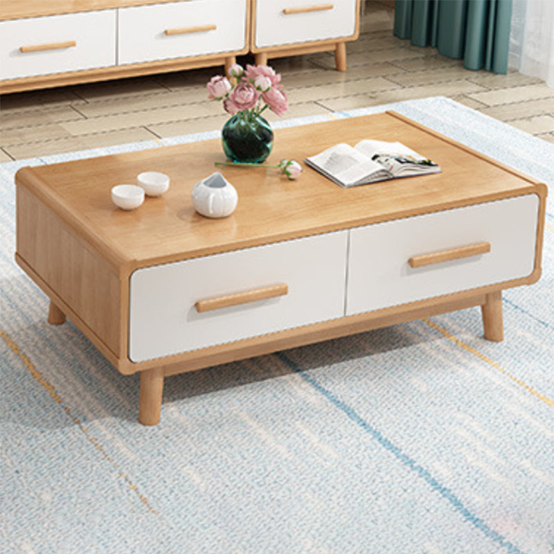 Scandinavian Coffee Table with 2 Drawers and 4 Wooden Legs in Rubberwood