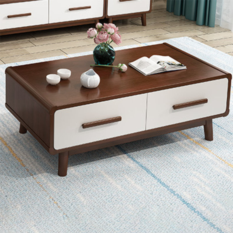 Scandinavian Coffee Table with 2 Drawers and 4 Wooden Legs in Rubberwood
