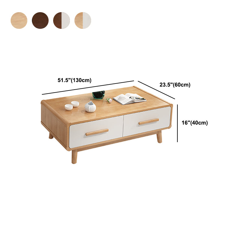 Scandinavian Coffee Table with 2 Drawers and 4 Wooden Legs in Rubberwood