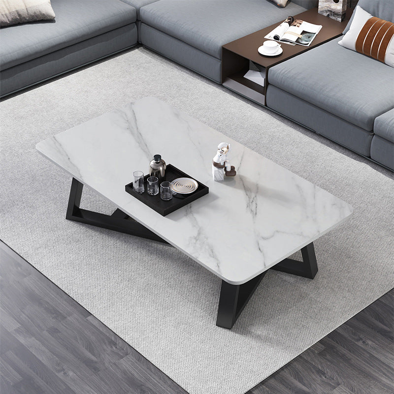 Slate Rectangular Coffee Table Metal Frame Cocktail Table in White & Gray