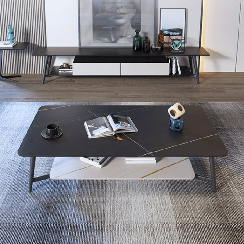 4 Legs 1 Single Coffee Table Rectangular Slate Cocktail Table with Shelf