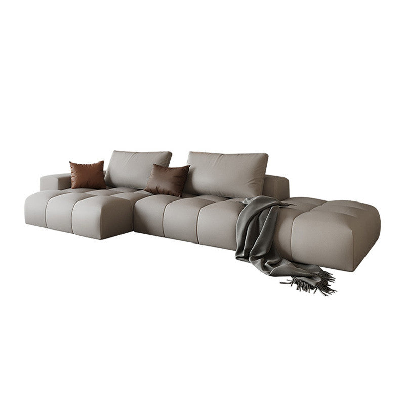Brown 4-seat Leather Sectional Sofa L-shape Sectional with Pillows