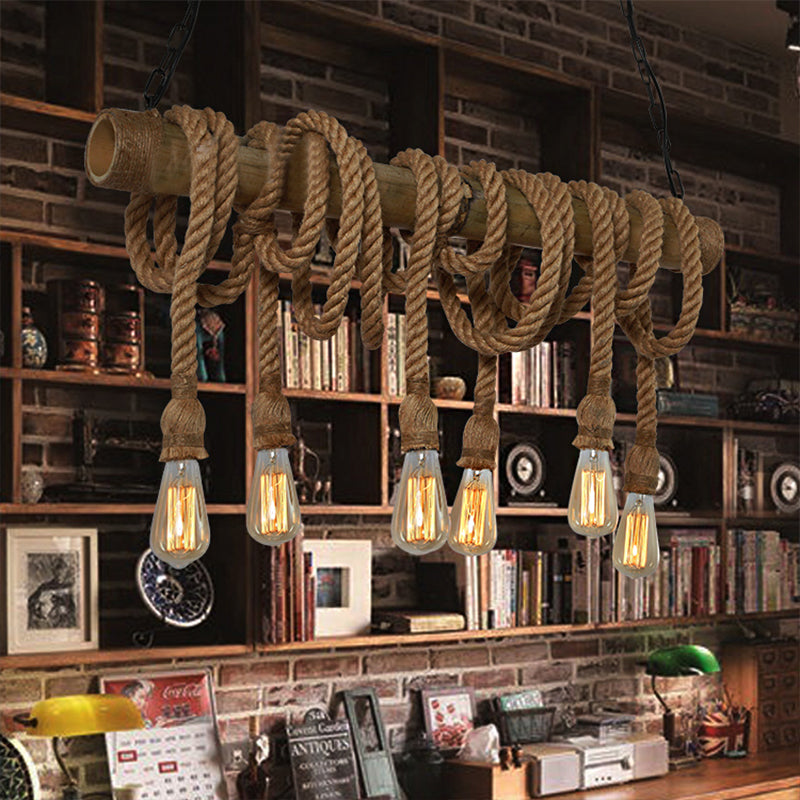 3/4 Lights Open Bulb Island Light Lodge Industrial Beige Adjustable Rope Ceiling Light with Bamboo