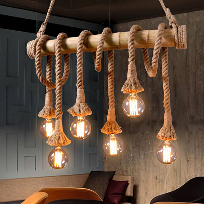 3/4 Lights Open Bulb Island Light Lodge Industrial Beige Adjustable Rope Ceiling Light with Bamboo