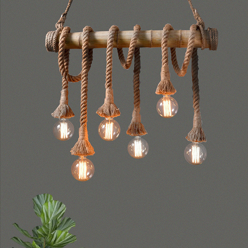 3/4 Lights Open Bulb Island Light Lodge Industrial Beige Adjustable Rope Ceiling Light with Bamboo