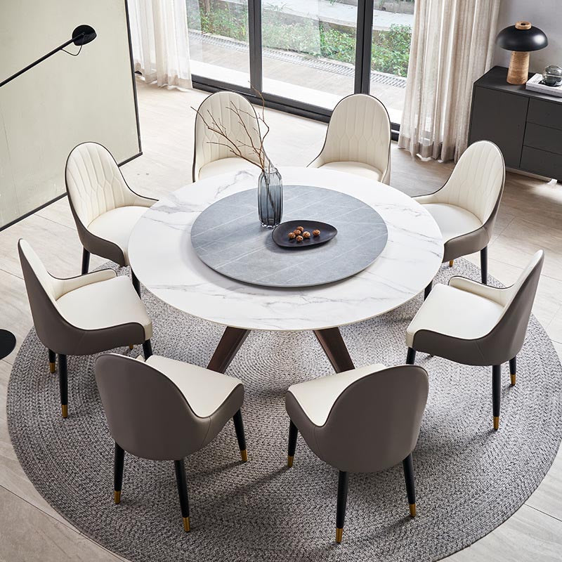 Round Sintered Stone Dining Table Modern Gray Black Turntable Furniture with Pedestal Base