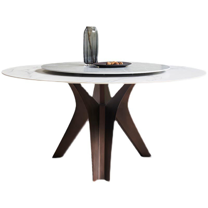 Round Sintered Stone Dining Table Modern Gray Black Turntable Furniture with Pedestal Base