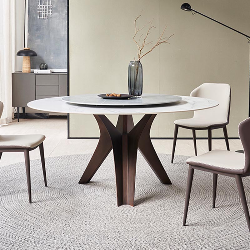 Round Sintered Stone Dining Table Modern Gray Black Turntable Furniture with Pedestal Base