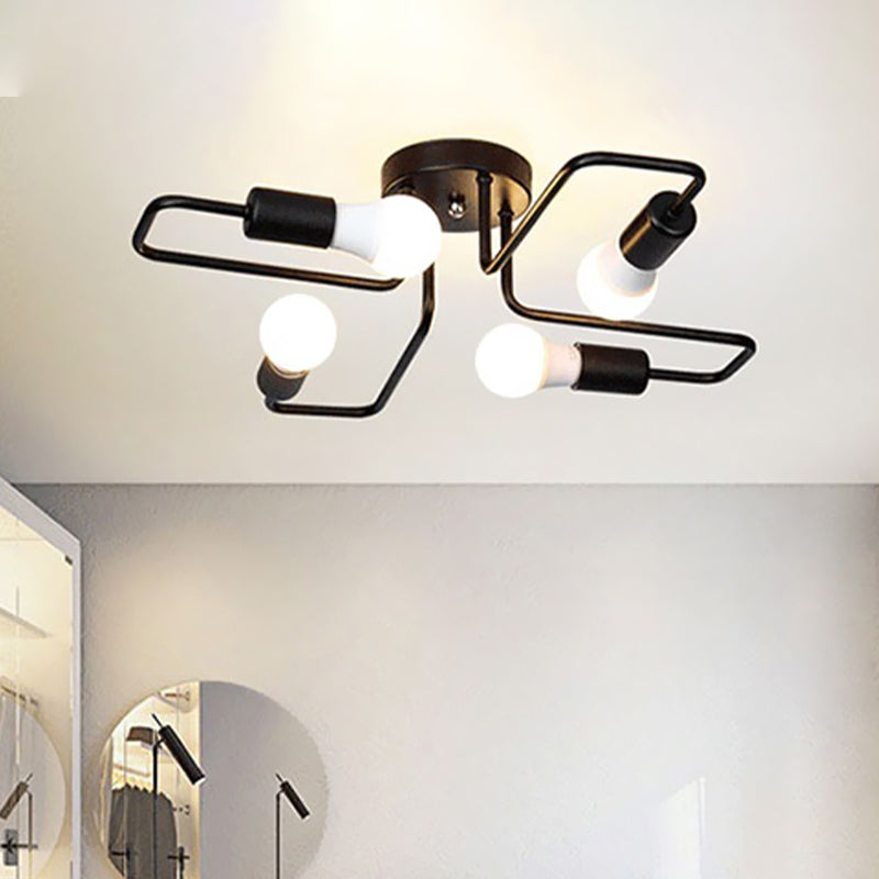 Loft Industrial Exposed Semi Flush Light Fixture 4/6-Head Metallic Ceiling Light Fixture in Black/White for Living Room