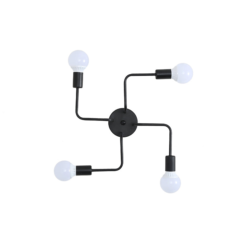 Loft Industrial Exposed Semi Flush Light Fixture 4/6-Head Metallic Ceiling Light Fixture in Black/White for Living Room