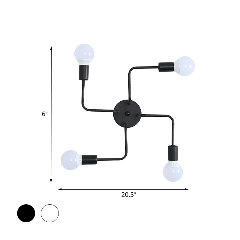 Loft Industrial Exposed Semi Flush Light Fixture 4/6-Head Metallic Ceiling Light Fixture in Black/White for Living Room