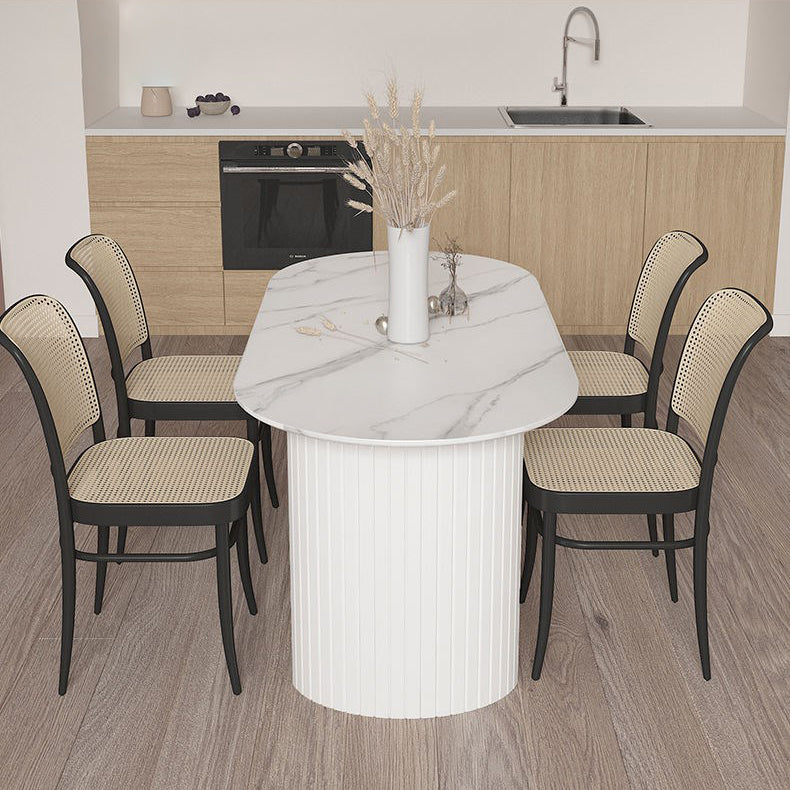 Free Form Sintered Stone Dining Table Modern White Furniture with Wood Double Pedestal