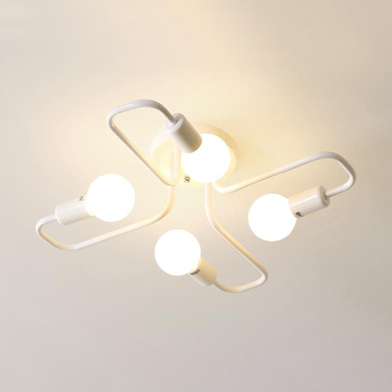 Loft Industrial Exposed Semi Flush Light Fixture 4/6-Head Metallic Ceiling Light Fixture in Black/White for Living Room