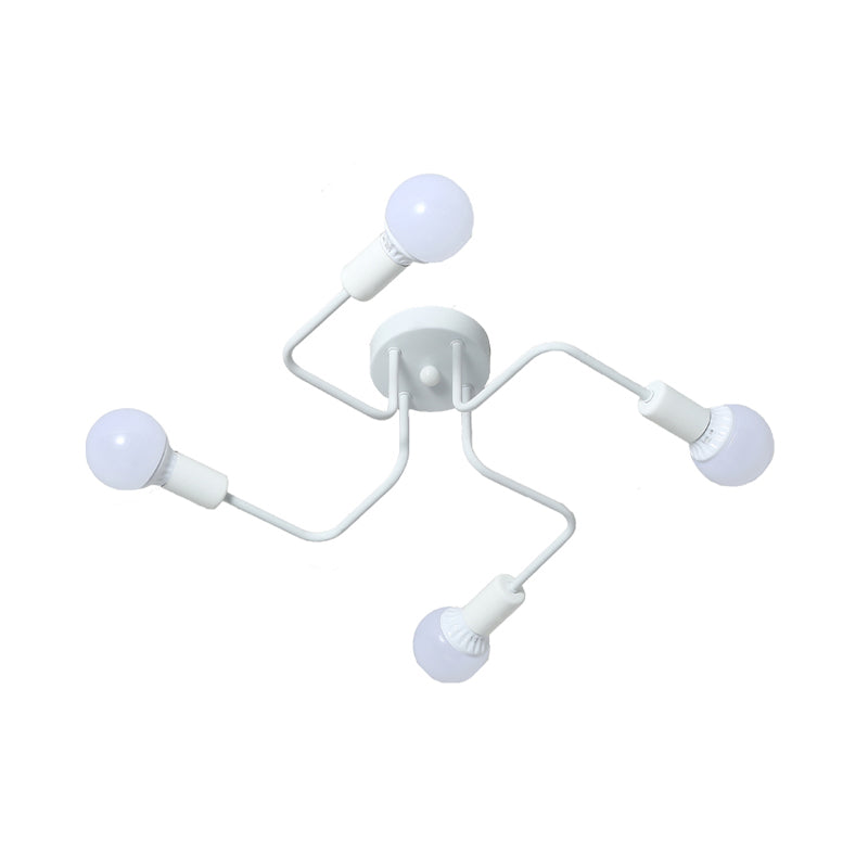 Loft Industrial Exposed Semi Flush Light Fixture 4/6-Head Metallic Ceiling Light Fixture in Black/White for Living Room