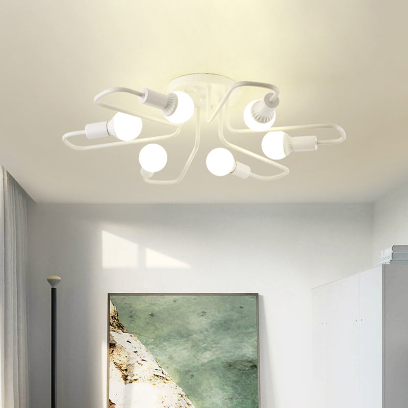 Loft Industrial Exposed Semi Flush Light Fixture 4/6-Head Metallic Ceiling Light Fixture in Black/White for Living Room