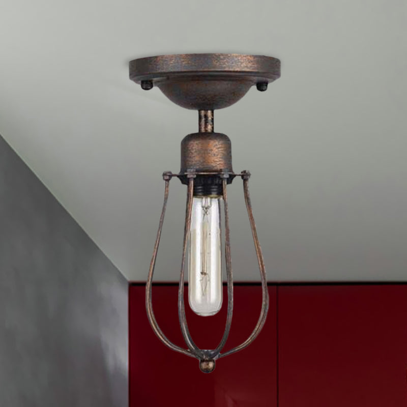 1 Lampb Soffitto Illuminazione con Wire Guard Wgreggio Iron Antique Style Bedroom Mini Semi Flush Light in Dark Rust