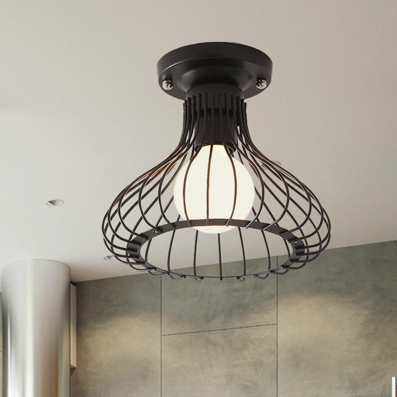 Caged Metal Ceiling Light Fixture with Cylinder/Teardrop Shade Industrial 1 Light Corridor Semi Flush Light in Black