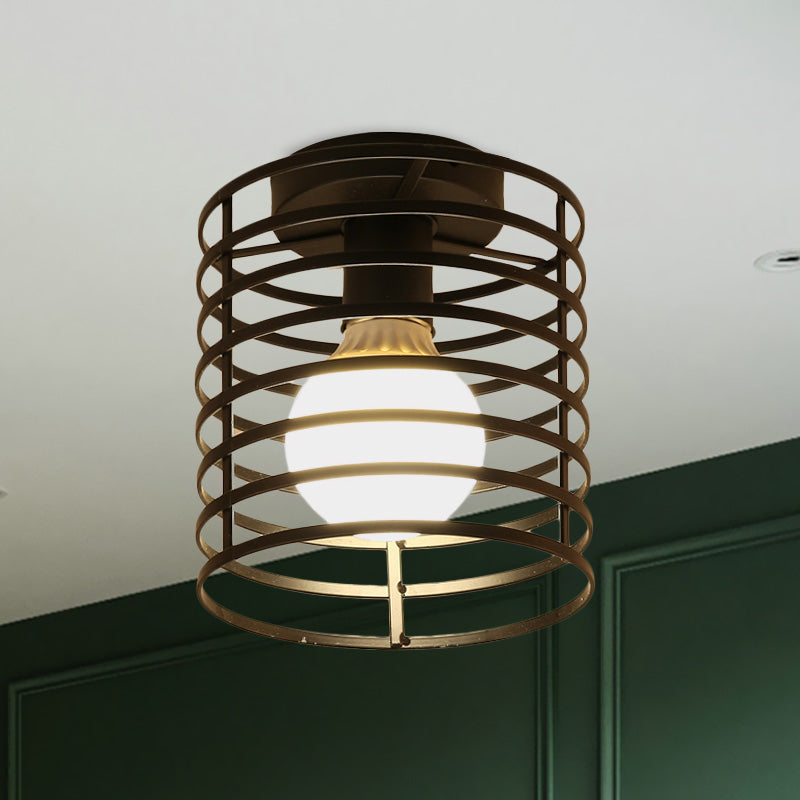 Caged Metal Ceiling Light Fixture with Cylinder/Teardrop Shade Industrial 1 Light Corridor Semi Flush Light in Black