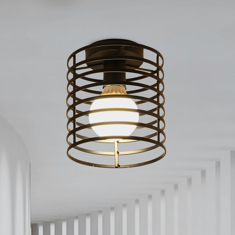 Caged Metal Ceiling Light Fixture with Cylinder/Teardrop Shade Industrial 1 Light Corridor Semi Flush Light in Black