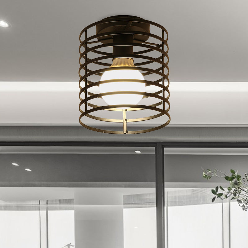 Caged Metal Ceiling Light Fixture with Cylinder/Teardrop Shade Industrial 1 Light Corridor Semi Flush Light in Black