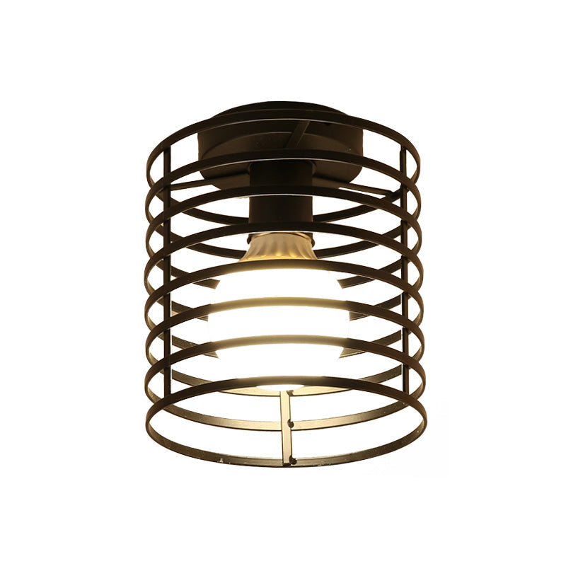 Caged Metal Ceiling Light Fixture with Cylinder/Teardrop Shade Industrial 1 Light Corridor Semi Flush Light in Black
