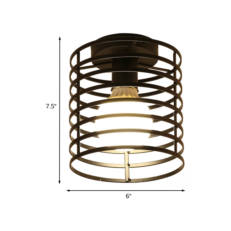 Caged Metal Ceiling Light Fixture with Cylinder/Teardrop Shade Industrial 1 Light Corridor Semi Flush Light in Black