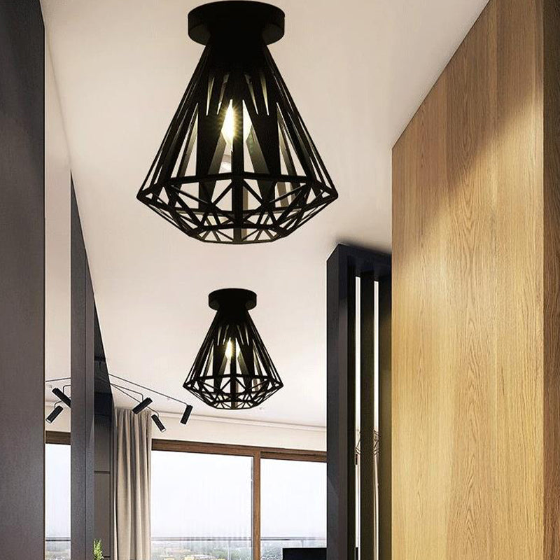 Luminaire encastré à cage métallique avec abat-jour en diamant, éclairage de plafond de couloir à 1 ampoule de style loft en noir