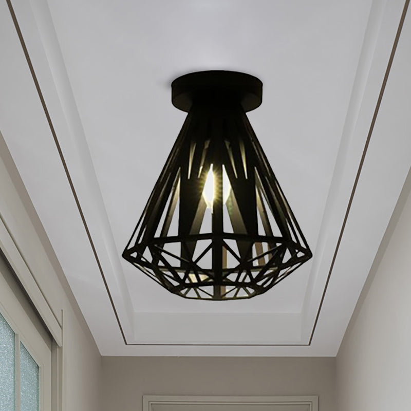 Luminaire encastré à cage métallique avec abat-jour en diamant, éclairage de plafond de couloir à 1 ampoule de style loft en noir