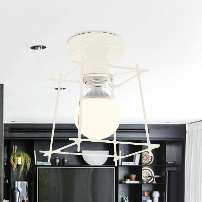 Cubic Metal Semi-Flush Ceiling Fixture with Wire Guard Industrial 1 Head Bedroom Rotatable Semi Flush Mount Lighting in Black/White
