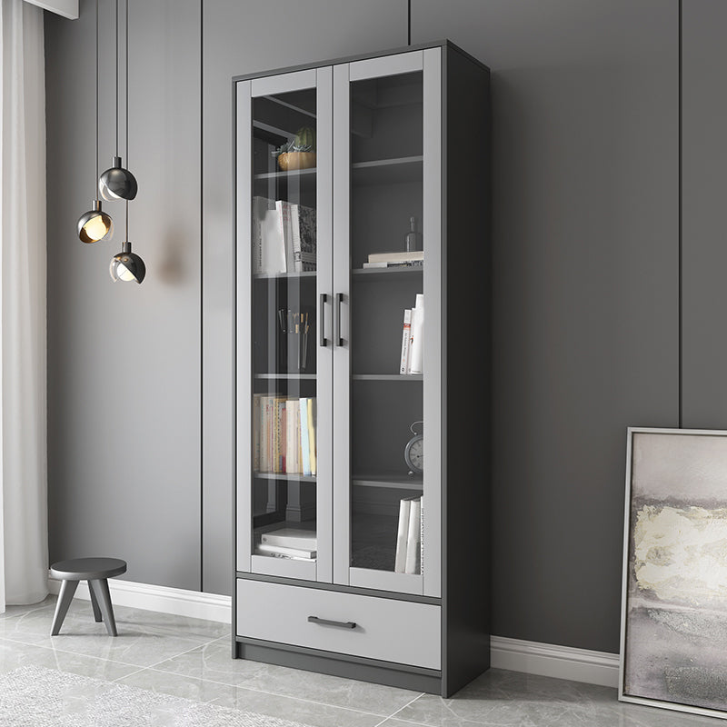 Faux Wood Modern Storage Cabinet Glass Doors Display Cabinet with Drawer for Living Room