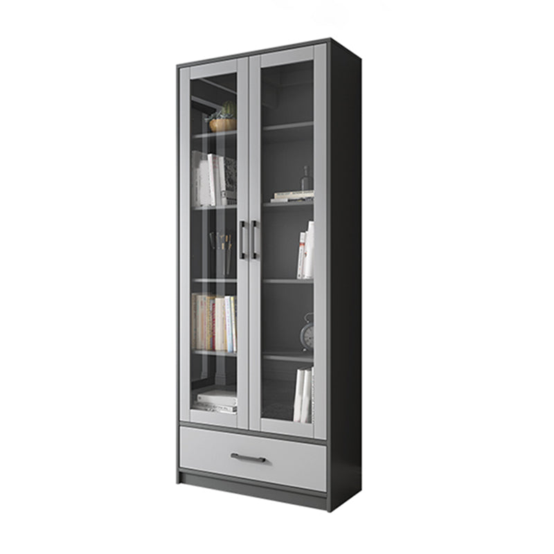 Faux Wood Modern Storage Cabinet Glass Doors Display Cabinet with Drawer for Living Room