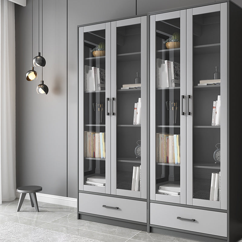 Faux Wood Modern Storage Cabinet Glass Doors Display Cabinet with Drawer for Living Room
