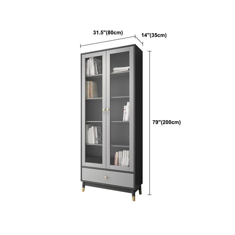 Faux Wood Modern Storage Cabinet Glass Doors Display Cabinet with Drawer for Living Room