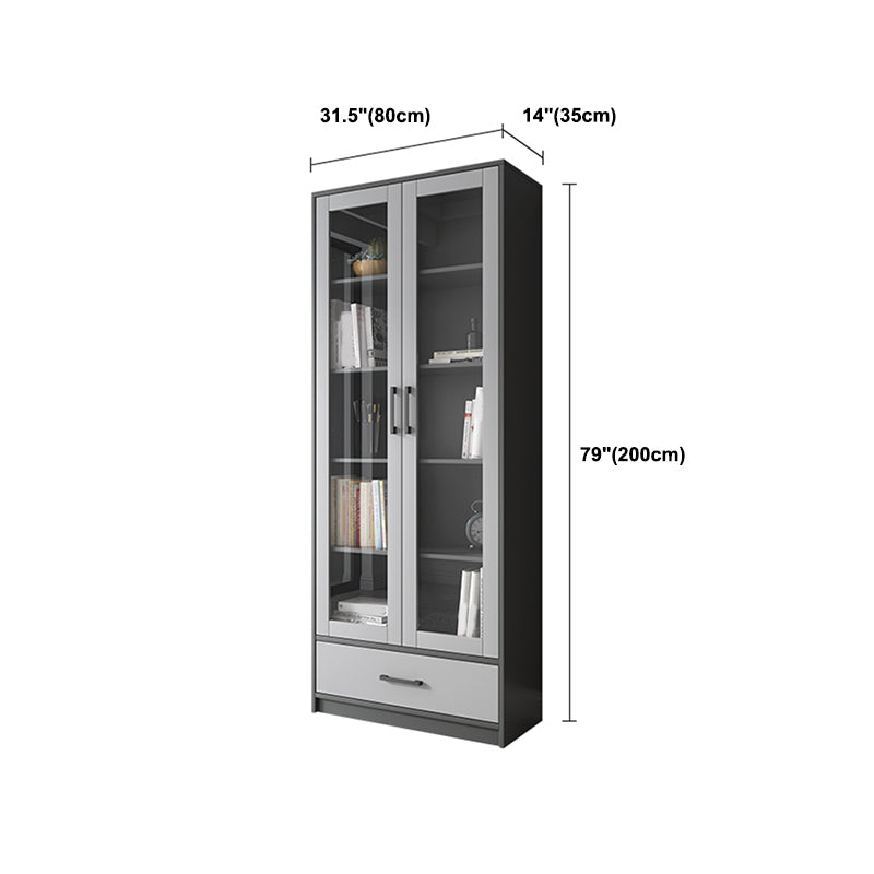 Faux Wood Modern Storage Cabinet Glass Doors Display Cabinet with Drawer for Living Room